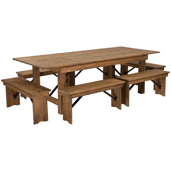 7 Piece Set 8 X 40 Antique Rustic Folding Farm Table And Six Bench Set Overstock 27085577