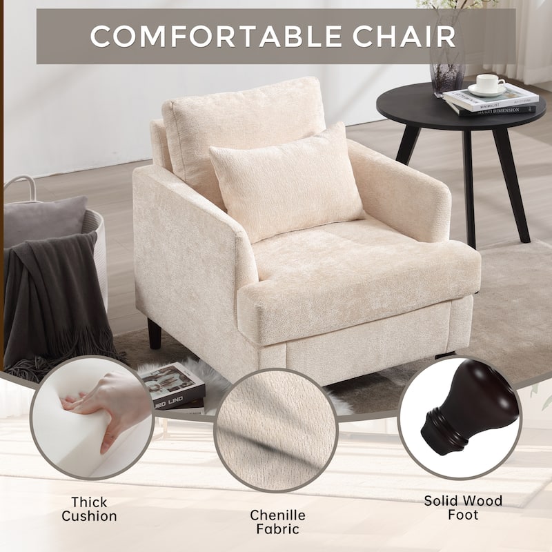 Beige 29.53" Chenille Upholstered Arm Chair with Pillows