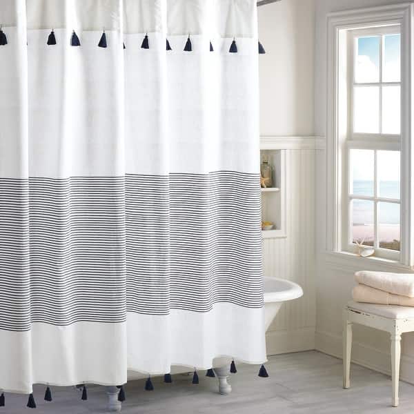 slide 2 of 11, Porch & Den Onassis Modern Stripe Tassel Shower Curtain Navy
