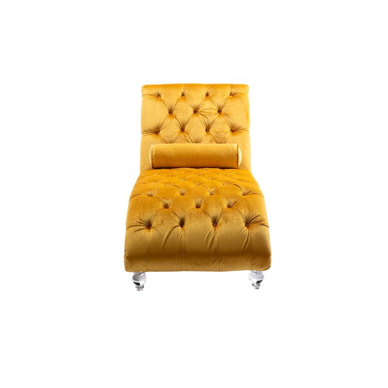 Mustard Modern 63.98" Upholstered Buttons Tufted Chaise Lounge Chair with Pillow and Acrylic Legs