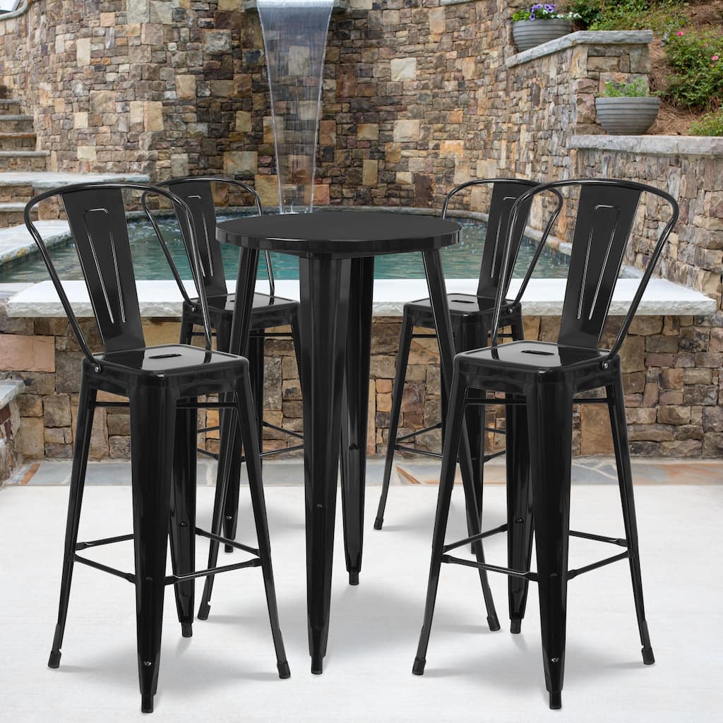 24'' Round Metal Indoor-Outdoor Bar Table Set with 4 Cafe Stools - 24"W x 24"D x 41"H