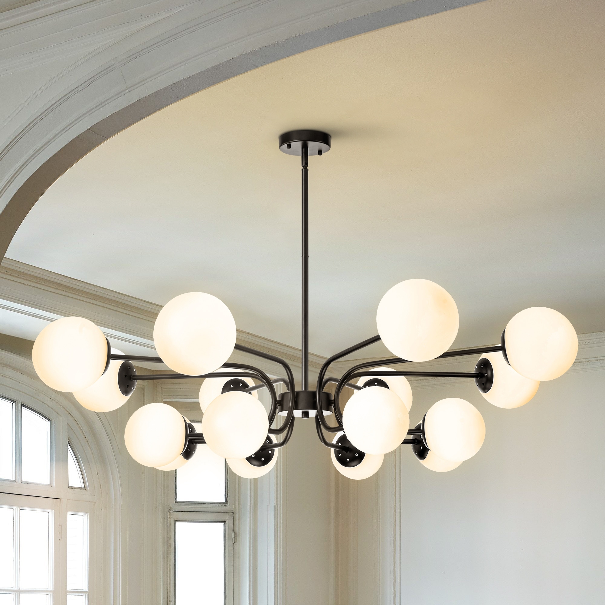Rennnsan 16-Light Modern Industrial 2-Tiered Sputnik Linear Frosted Opal Glass Globe Bubble Chandelier for Dining Room