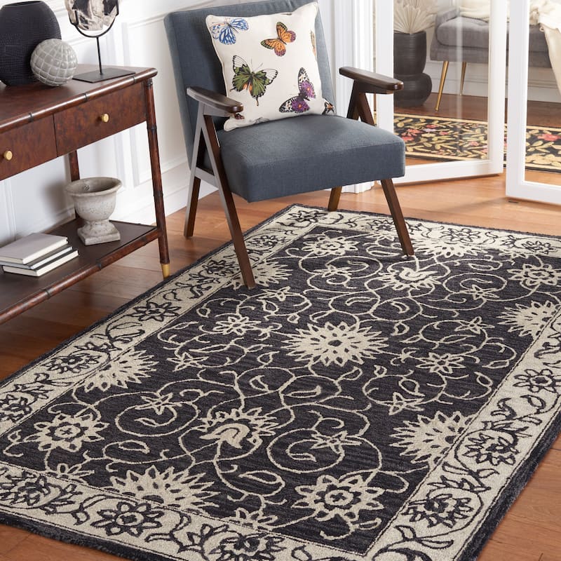 SAFAVIEH Handmade Jardin Trinchen Floral Wool Rug - 6' x 9' - Black/Ivory