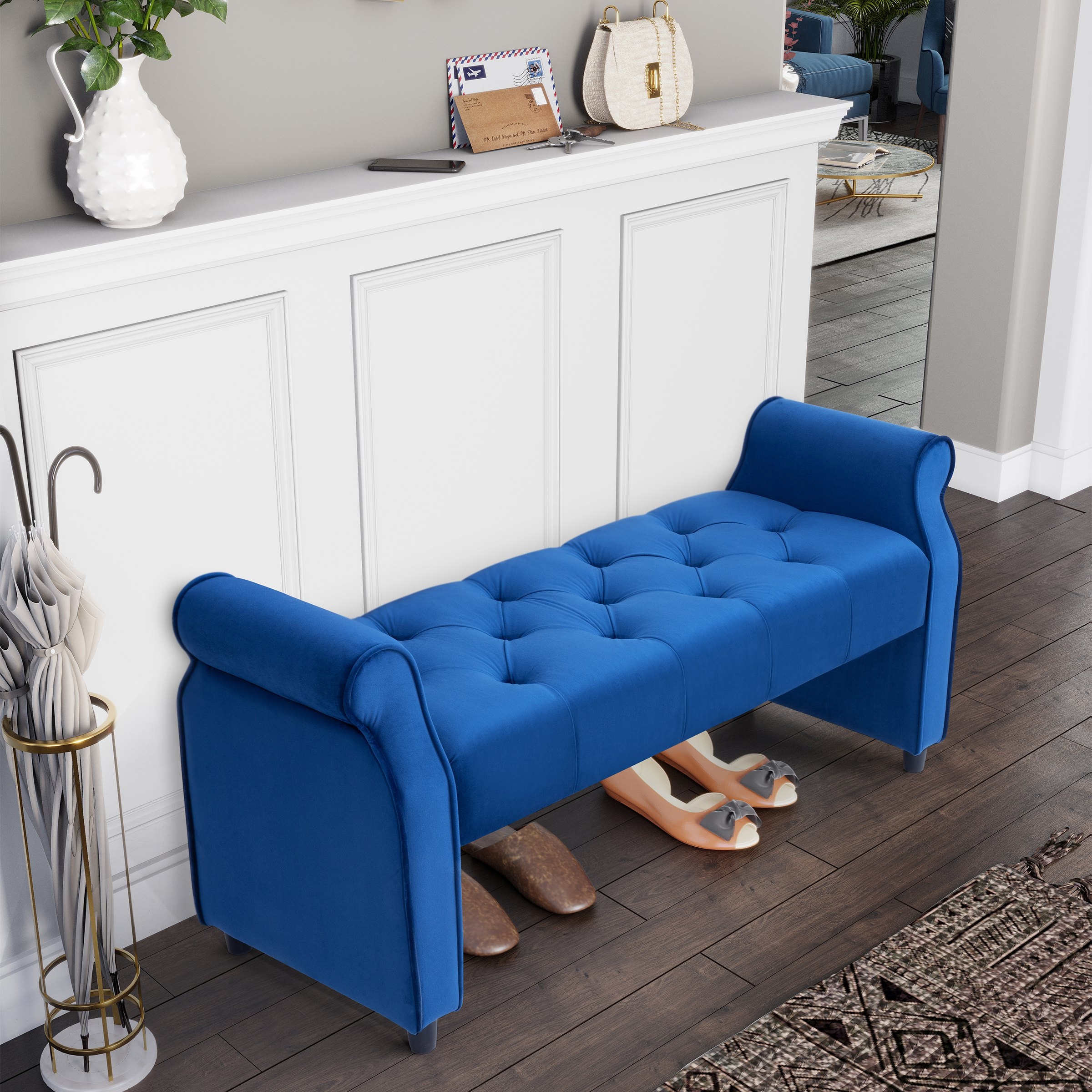 Velvet Upholstered Tufted Vanity Bench / Settee with Armrests
