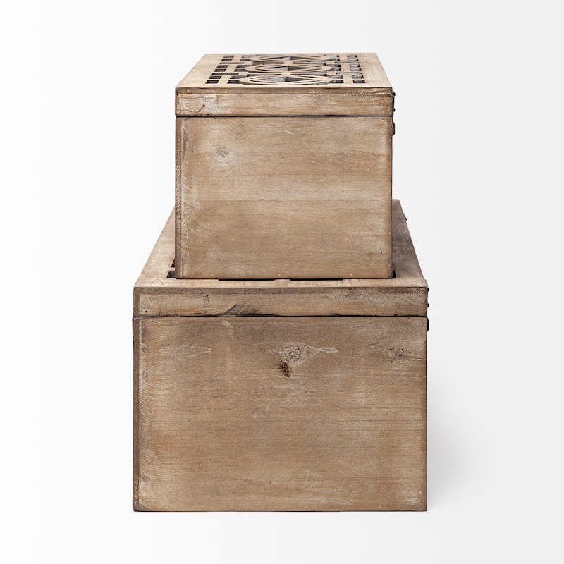 Estooki Set of Two Whitewashed Wood Mirrored Boxes - 7"H x 15.34"W x 9.38"D & 6.13"H x 13.34"W x 7.25"D
