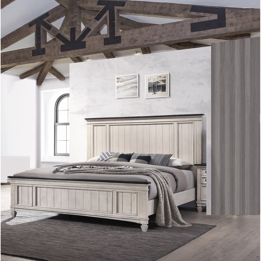 Cottage Style Queen Size Panel Bed with Two-Tone Finish and Spade Feet, Solid Wood