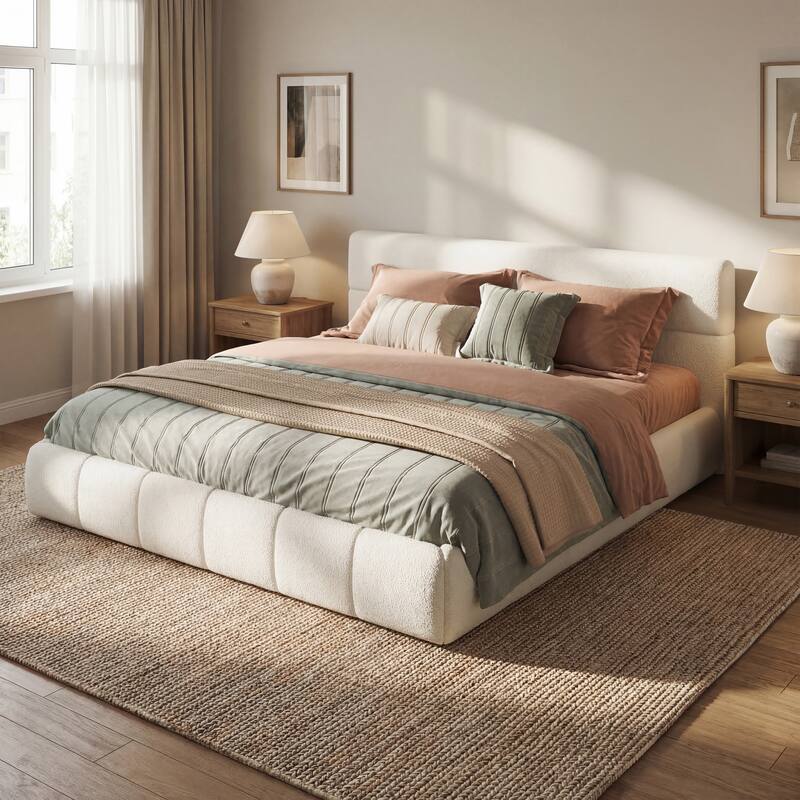 Christopher Knight Home - Sio Modern Boucle Upholstered Platform Bed Frame with Wooden Slats Support, No Box Spring Needed