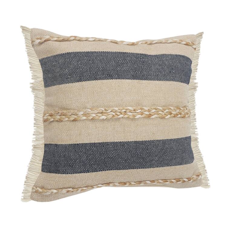 20" Blue and Tan Striped Square Throw Pillow with Jute Braiding