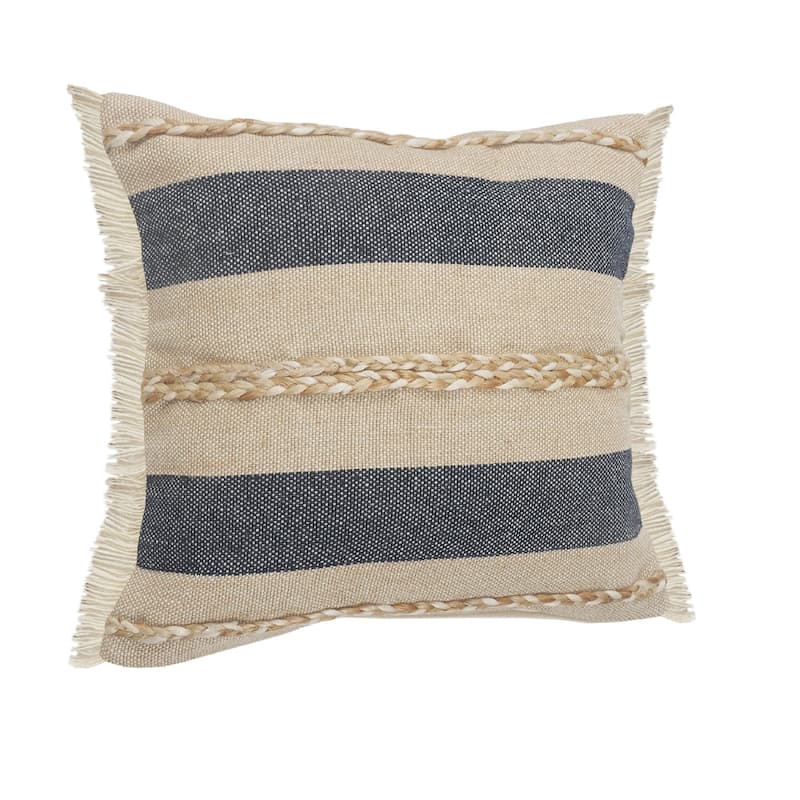 24" Blue and Tan Striped Square Throw Pillow with Jute Braiding