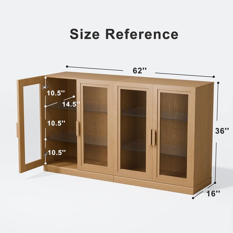 Large Sideboard Buffet Cabinet with 4 Glass Doors 2 Adjustable Shelves for Kitchen Living/Dinning Room Bedroom Entryway