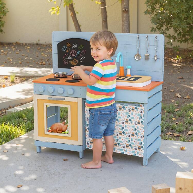 Wooden Toy Kitchen Playset with Removable Circulation Faucet and Cooking Accessories-Blue - Multi