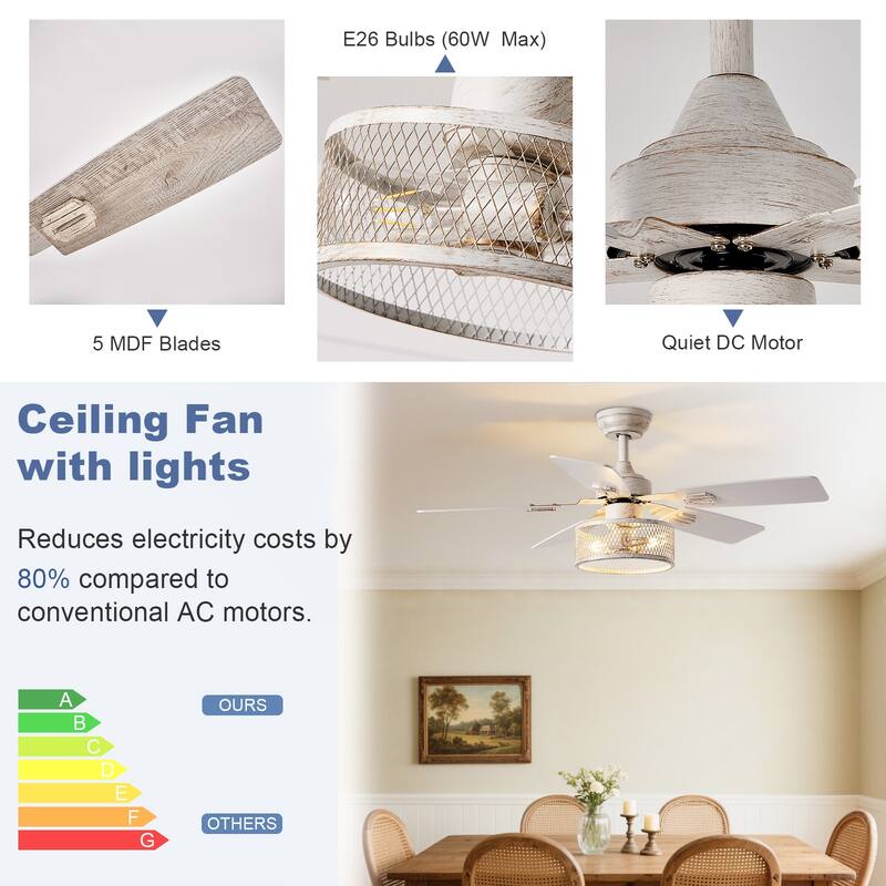 42-52Inch Caged Ceiling Fans with Lights: Dual Finish 5 Blades - Rustic with Remote Control (E26 Bulb Included)