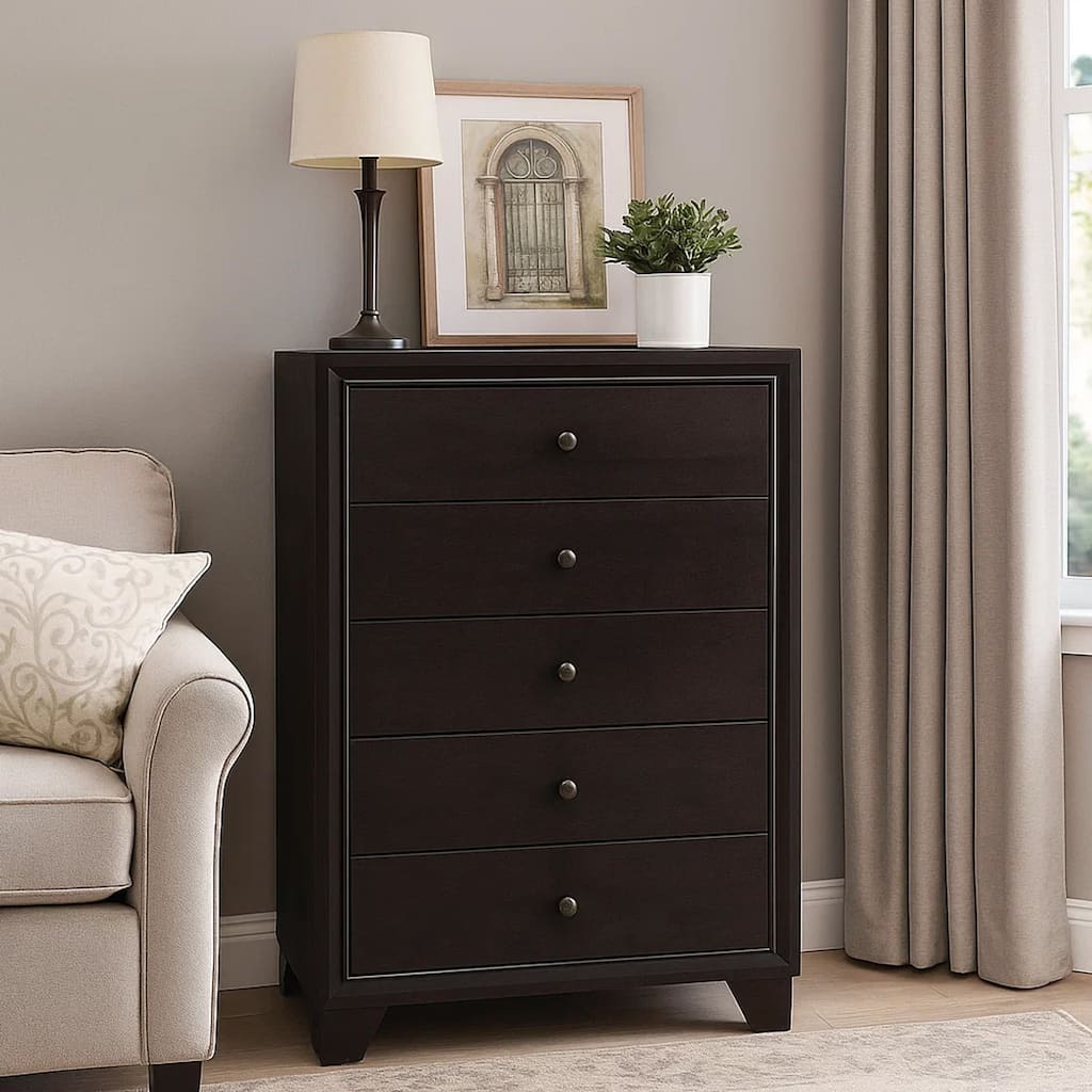 Wooden Chest with 5 Spacious Drawers , Espresso Brown