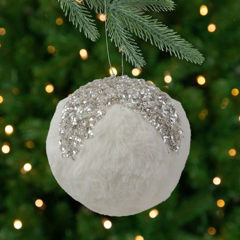 4.25" White and Silver Faux Fur Christmas Ornament