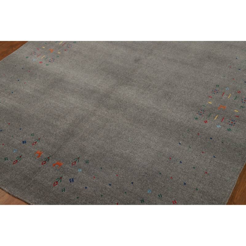 Hand Knotted Oriental 100% Wool Carpet Tribal Animal Pictorial Greys & Charcoal Gabbeh Area Rug - 8' 2'' X 5' 0''
