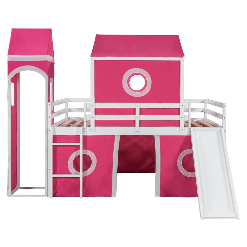 Loft Bed Castle-Shaped Kids Bed with Slide and Window, Tent and Tower, Lovely Kids Bed Playhouse Design for Your Children