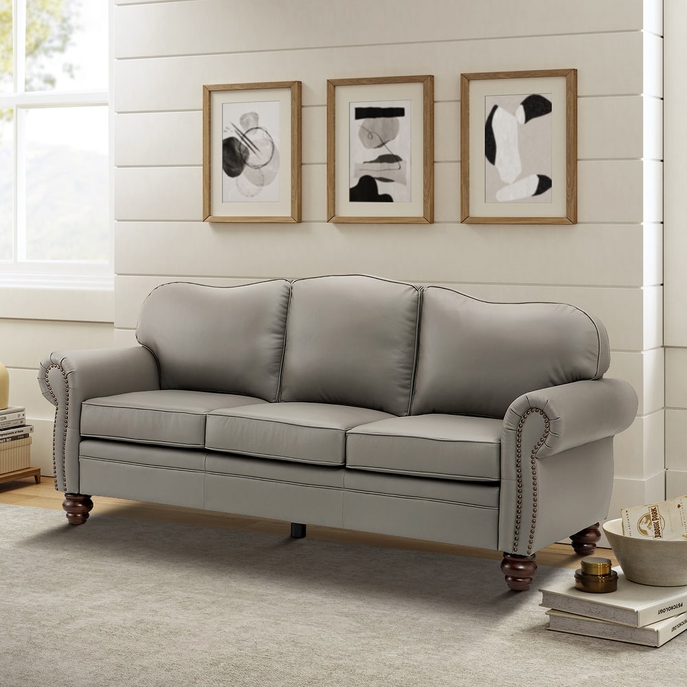 Balvino 81" Wide Transitional Genuine Leather Rolled Arm Nailhead Trim Sofa with Solid Wood Legs