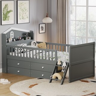 Twin Bed Frame with 4 Storage Drawers, Guardrail, Headboard, Ladder, and No Box Spring Needed,Gray