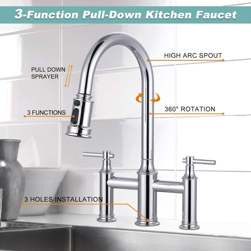 WOWOW Double Handle Pull Down Sprayer Bridge Kitchen Faucet