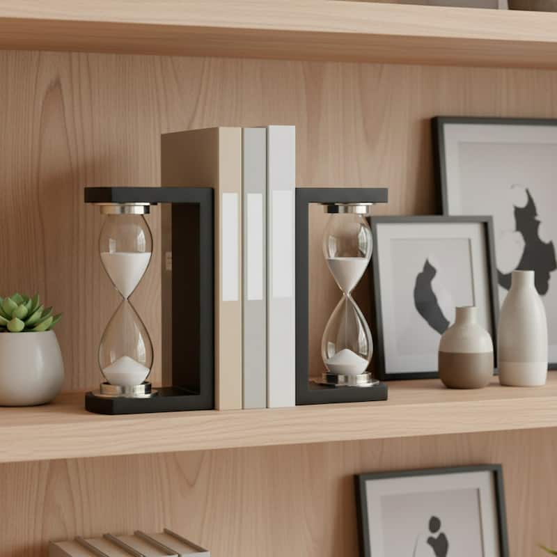 Decorative Hourglass Sand Timer Bookends - Set of 2, 10", Black - 11.0"