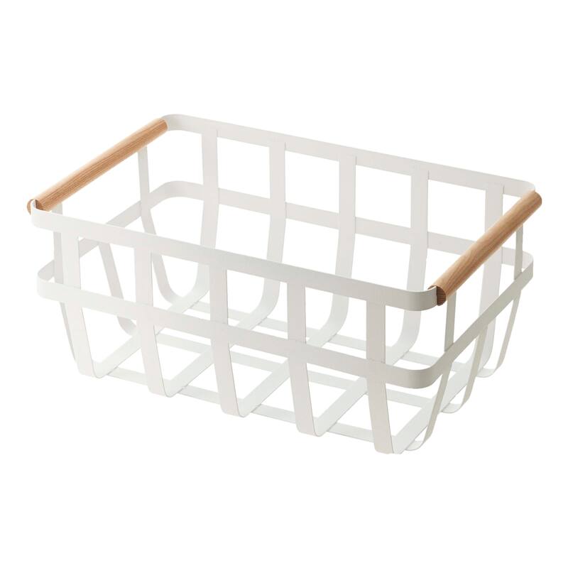 Yamazaki Home Storage Basket - Two Sizes, Steel and Wood - L 8.66 x W 13.98 x H 6.1 inches