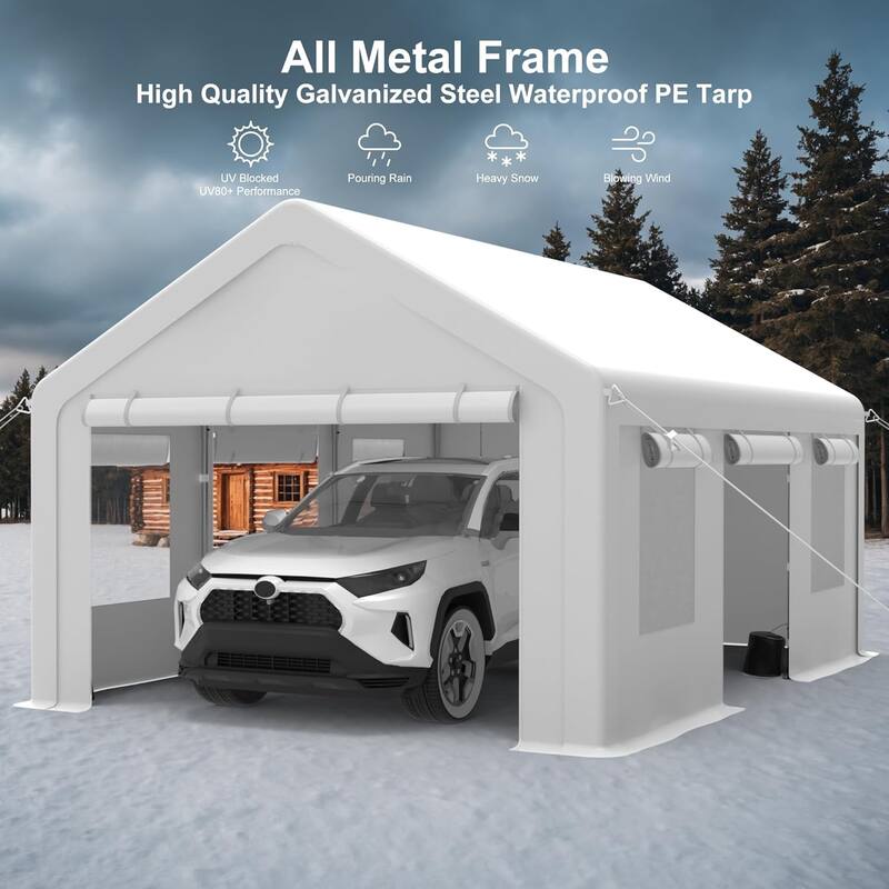 12x20ft Carport Heavy Duty, Portable Garage with 4 Doors + 4 Window, Upgraded Carport