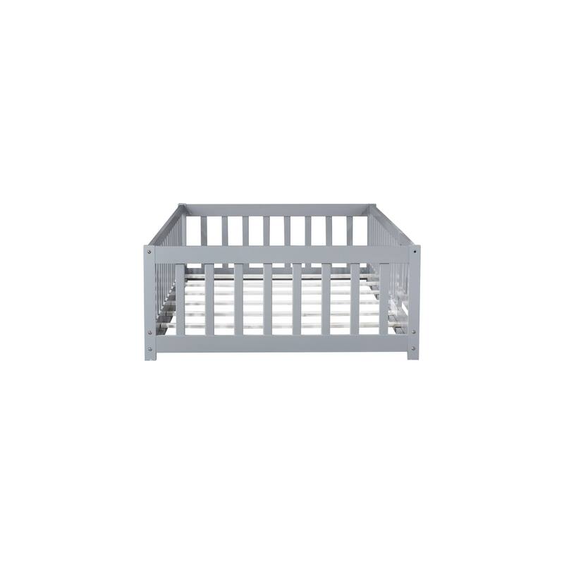 Toddler Floor Bed with Fence and Door, Montessori Platform Floorbed with Safety Guardrails for Children Boys Girls Kids Playroom