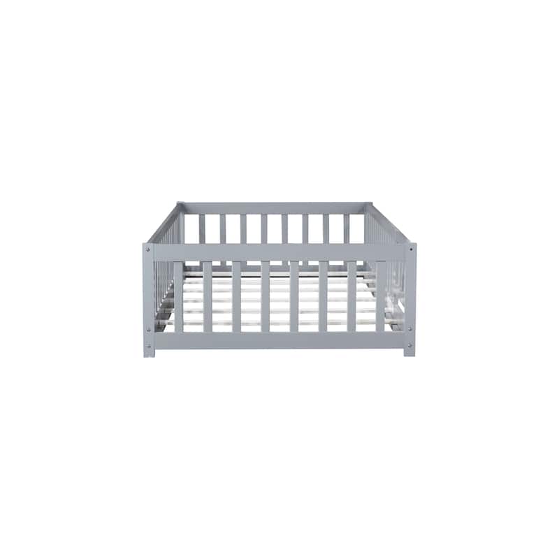 Twin Size Rubber Wood Floor Panel Bed with Safety Fence and Door
