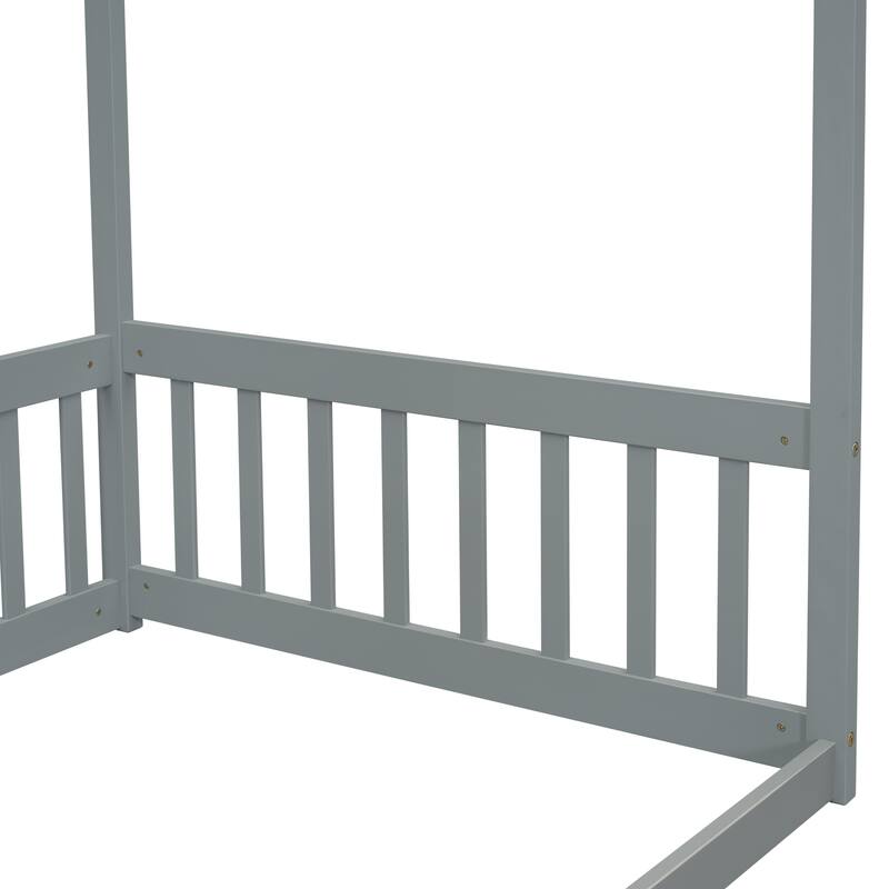 Wood Canopy Frame Floor Bed with Fence,Guardrails