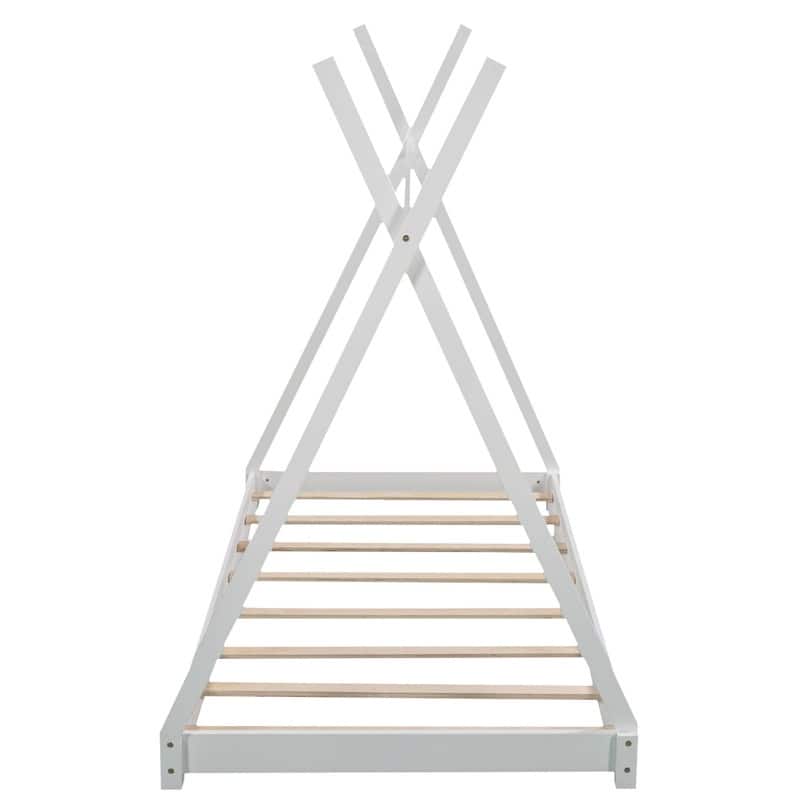 House Bed Twin for Kids, Toddler House Bed with Triangle Structure,Wood Floor Bed Frame for Girls Boys,White