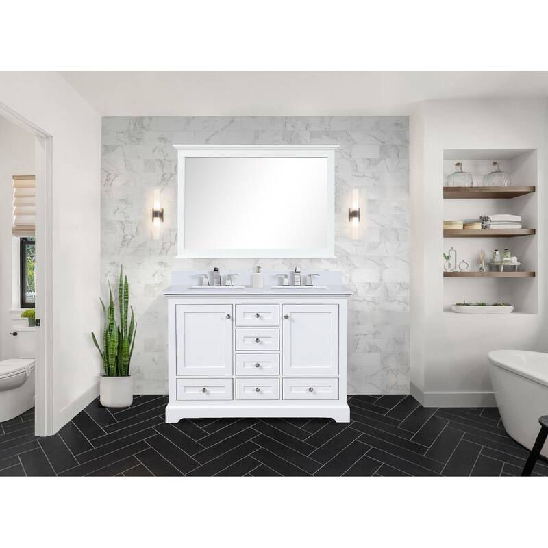 Dukes 48 in. W x 22 in. D White Double Bath Vanity, White Quartz Top, Faucet Set, 46 in. Mirror