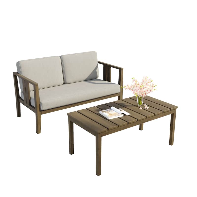 Teak Wood Water Resistant Outdoor Loveseat and Coffee Table Set (Set of 2)