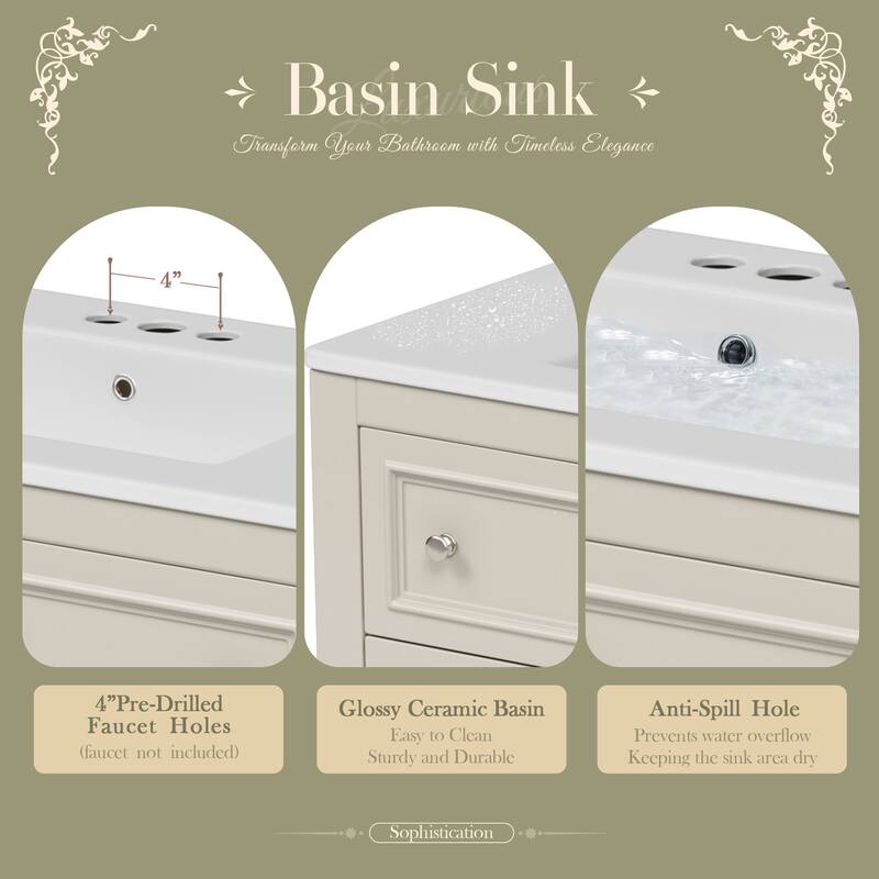 Bathroom Vanity with Ceramic Sink, Solid Wood Vanity Set with 4 Drawers, Bathroom Storage Cabinet with Open Shelf