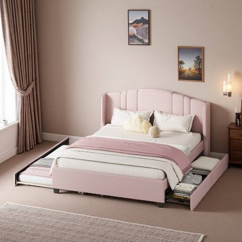 Queen Upholstered Bed Frame with Wingback Headboard, Twin Trundle & 2 Storage Drawers, Linen Fabric Platform Design - Pink