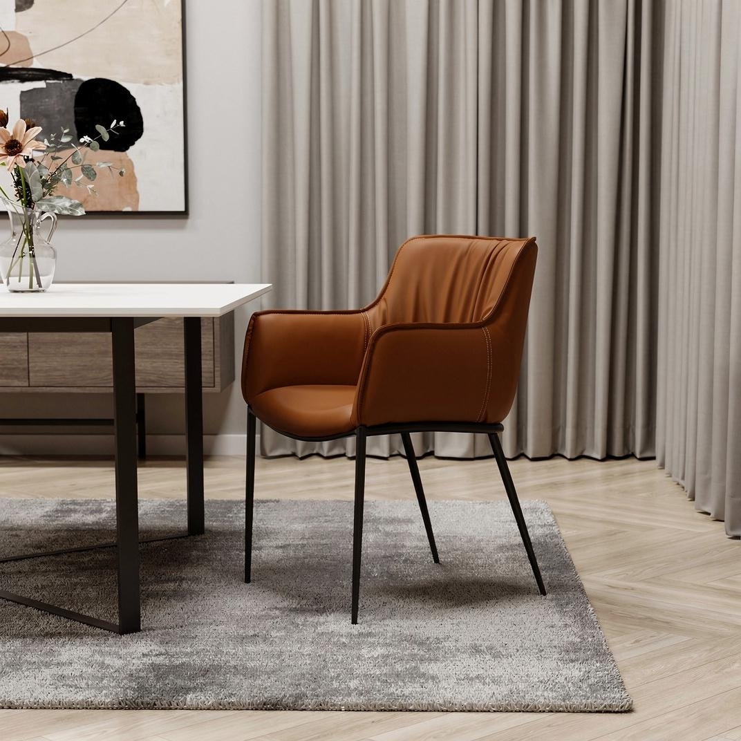 HomeRoots Brown and Black Faux Leather and Steel Dining Arm Chair - 24.00 in. x 34.00 in. x 25.00 in.