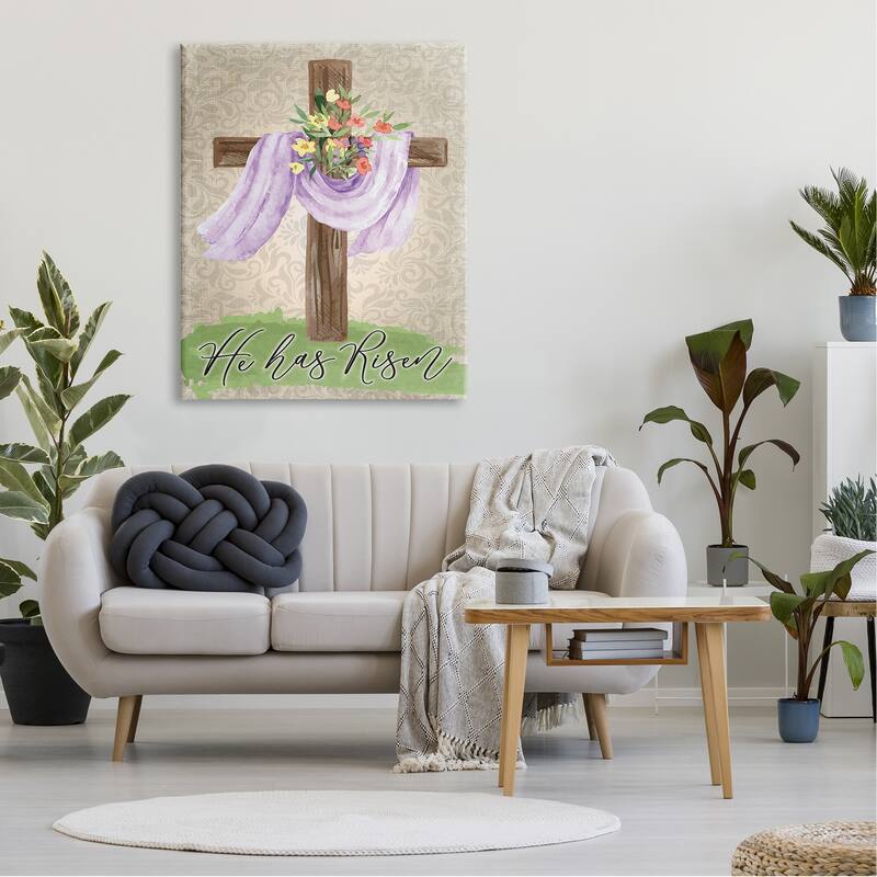 Stupell He Has Risen Spring Floral Cross Brown Damask Pattern Canvas Wall Art