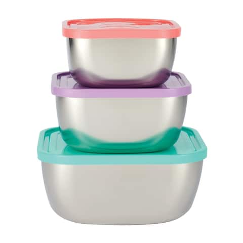3 Pc Stainless Steel Covered Square Container Set - Multi Color Lids