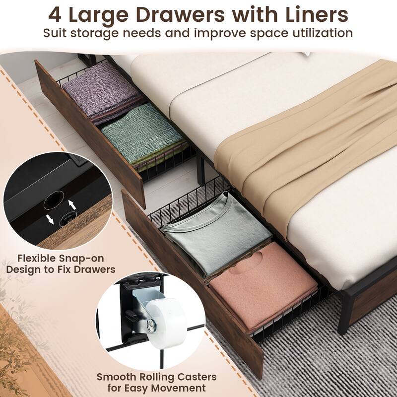 Gymax Queen Size Bed Frame w/ Bookcase Headboard & 4 Storage Drawers