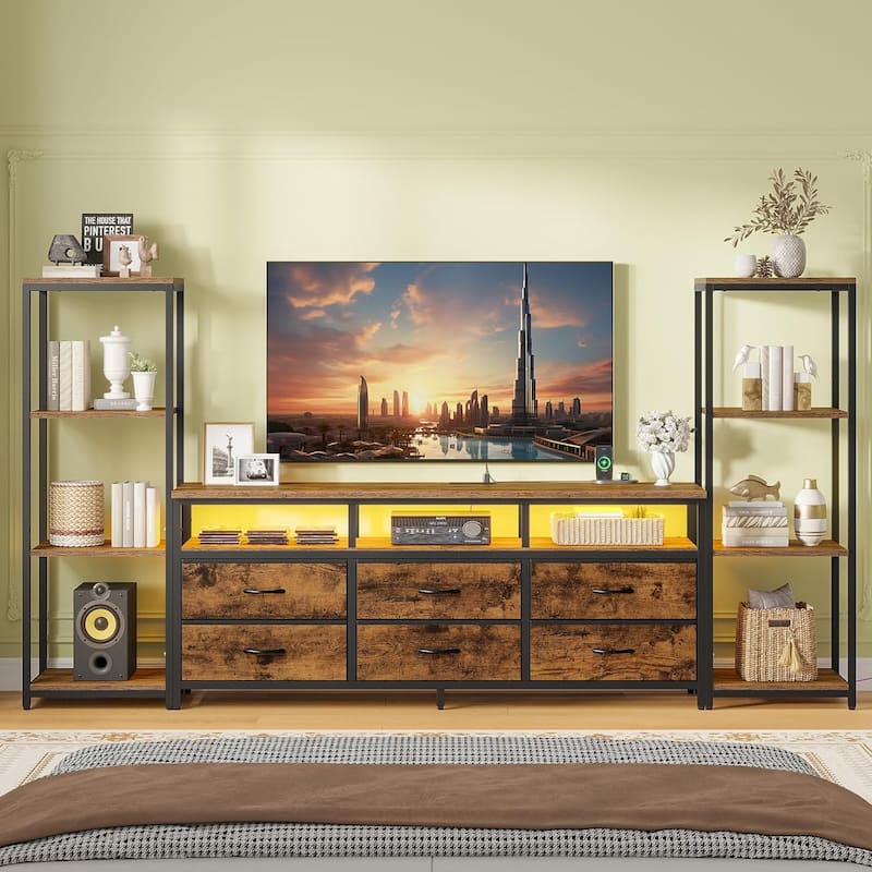 TV Stand Dresser with Bookcase TV Console Table Entertainment Center LED - Brown - 6 Drawers