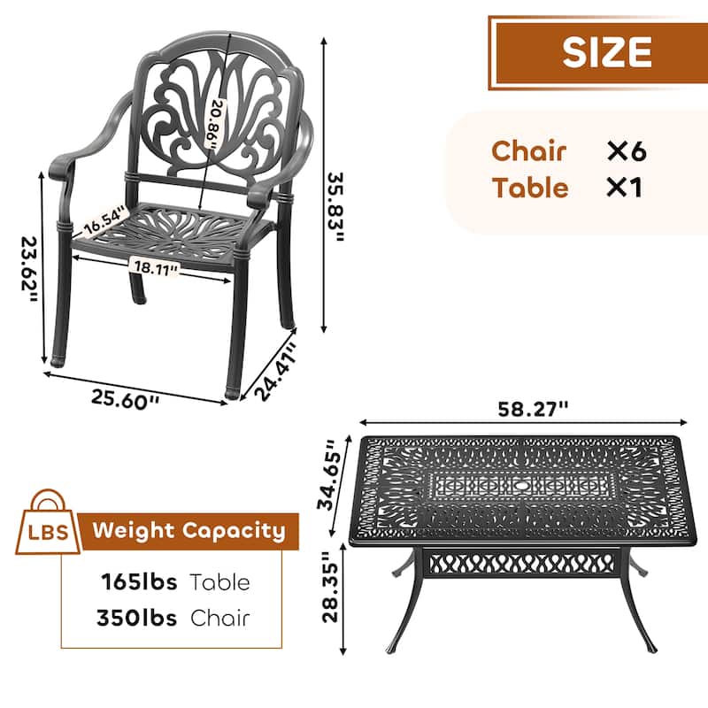 5/7-Piece Cast Aluminum Outdoor Dining Set with 58.27'' L X 34.65'' W Rectangular Table and Seat Cushions