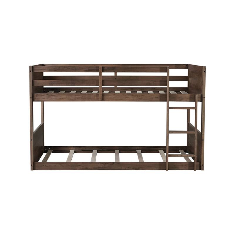 Low Twin Over Twin Size Bed Floor Bunk Bed with Panelled Headboard Footboard, Ladder and Guardrails, Solid Rubber Wood Frame