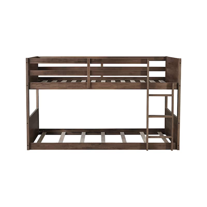 Low Twin Over Twin Wooden Bunk Bed with Wide Ladder, Rustic Panel Design Headboards, Floor-Level Frame with Guardrails