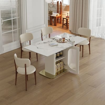 Luxury Expandable 63" Dining Set: Artisanal Burnt Stone Tabletop, Gold-Toned Wood Base & 4 Plush PU Chairs.