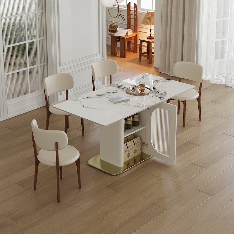 Roomfitters 63 Inch Dining Table Set with Chairs, Sintered Stone Kitchen Desk with Storage Cabinet, White & Gold