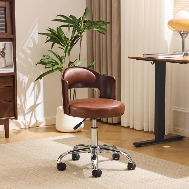 Ring-Shaped Wooden Back Office Chair With Foot Spikes And Wheels