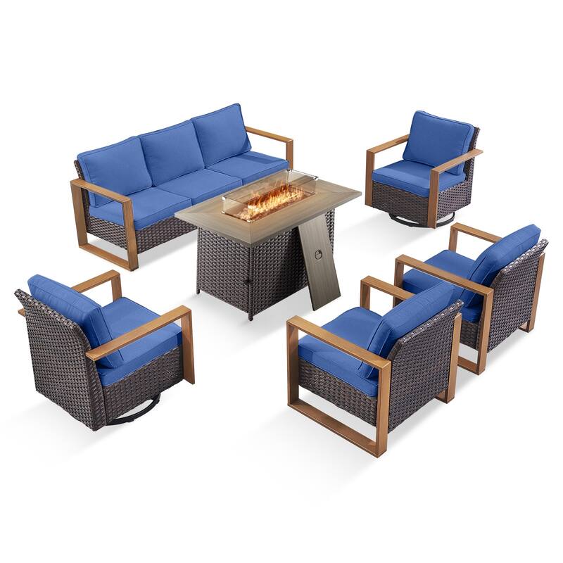 Pocassy 6 Pieces Outdoor Sofa Chair with Fire Pit Table Set