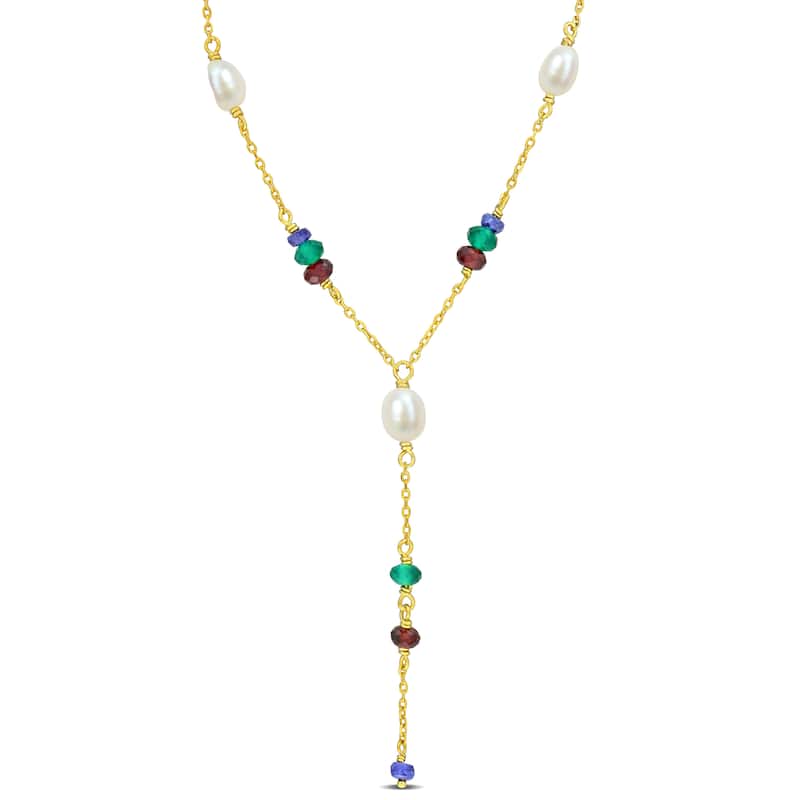 Miadora 3 3/5ct TGW Blue Sapphire Garnet Green Onyx Cultured Freshwater Pearl Necklace in Yellow Silver-17+2in