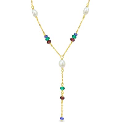Miadora 3 3/5ct TGW Blue Sapphire Garnet Green Onyx Cultured Freshwater Pearl Necklace in Yellow Silver-17+2in