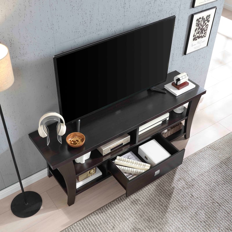 TV Stand Cabinet with curved legs one drawers on metal glides metal square handle modern design divided shelf two cubbies