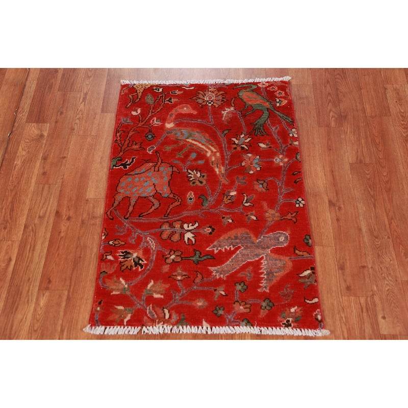 Animals Design Red Kazak Oriental Accent Rug Hand-Knotted Wool Carpet - 2'0" x 3'0"
